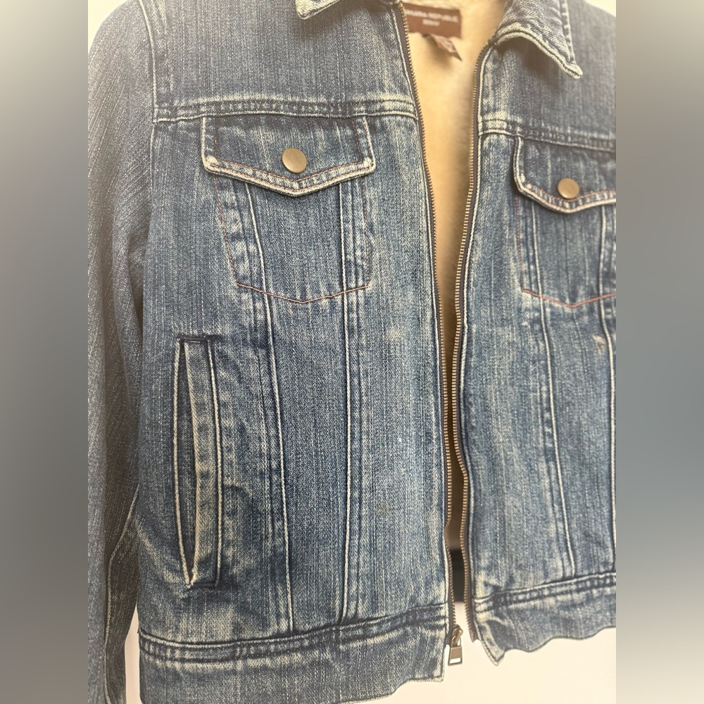 Banana Republic Faux Fur Sherpa Lined Denim Jacket Medium Wash Zip Up Crop S - Picture 3 of 8